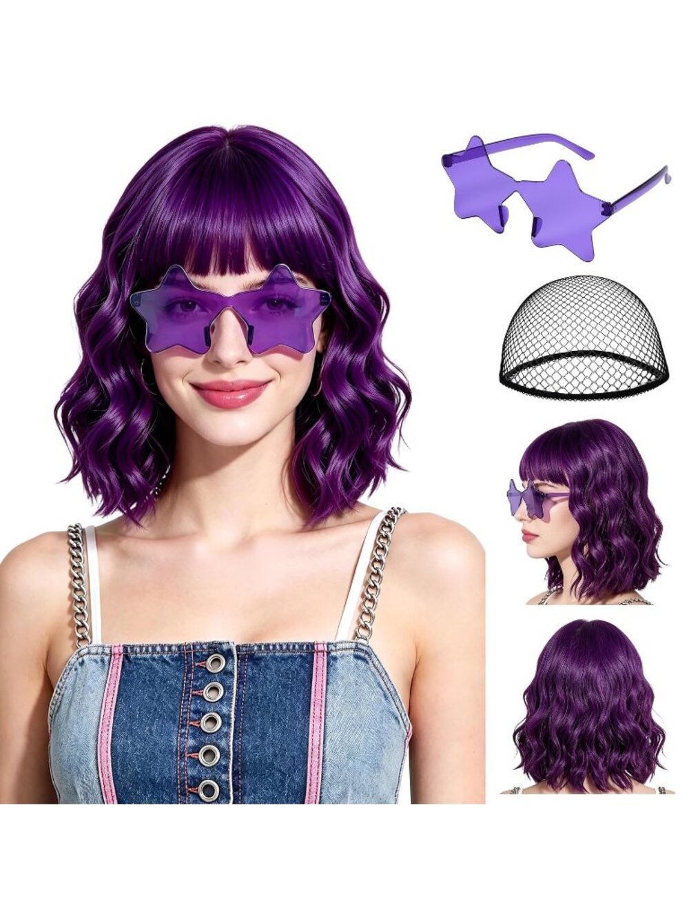 Women's Dark Purple Short Wavy Bob Bangs 15.7 Inch Heat Resistant Synthetic Wig